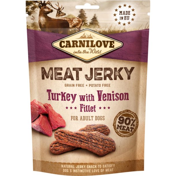MEAT JERKY MED KALKUN OG VILDT FRA CARNILOVE - 100 GRAM