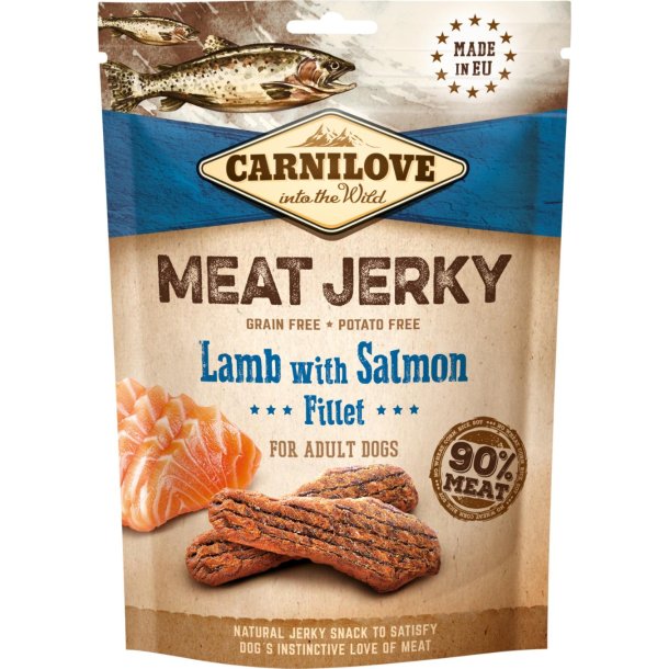 MEAT JERKY MED LAM OG LAKS FRA CARNILOVE - 100 GRAM