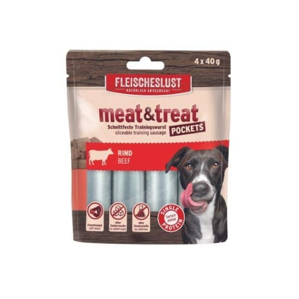 FLEISCHESLUST MEAT &amp; TREAT TRNINGSPLSER MED OKSE - 4X40gr.